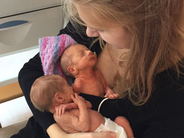 Tabitha with her newborn twin girls Isla and Jemima