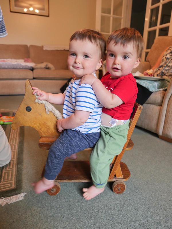 Twin toddler boys sit on a rocking horse together